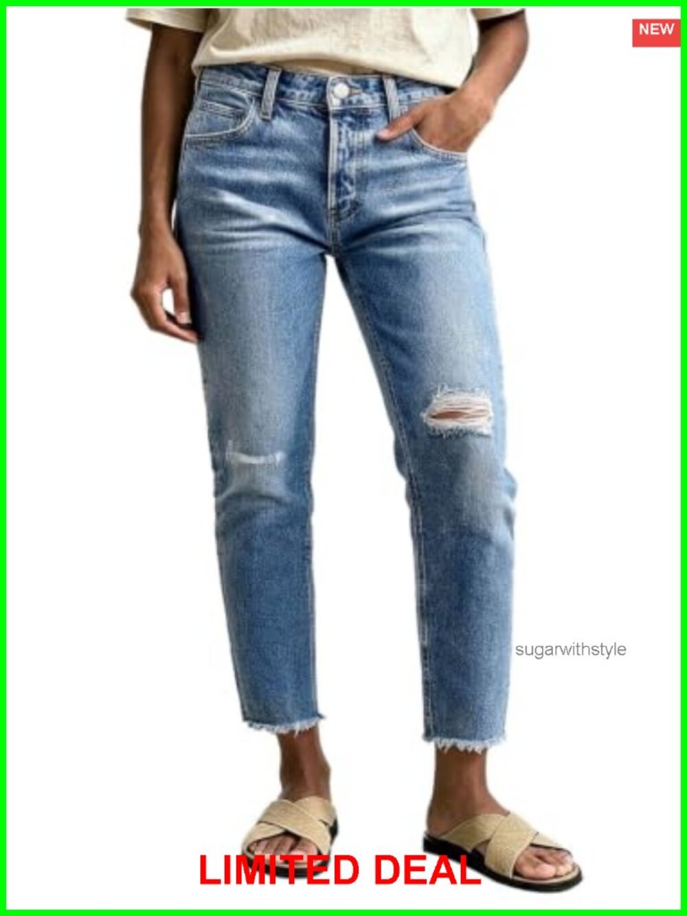 Mid Rise Straight Leg Crop Jeans Raw Hem Ripped Denim Casual